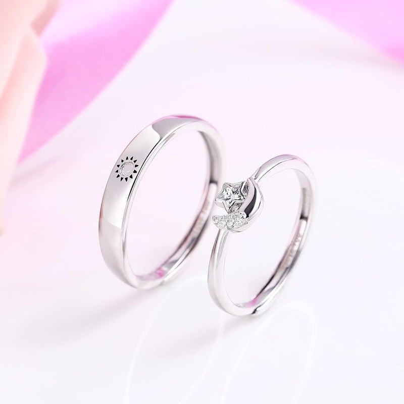 Beydodo خواتم فضة 925 قابلة للتعديل مزينة بالشمس والقمر خواتم متطابقة محفورة أحبك خواتم زفاف للزوجين - Image 4